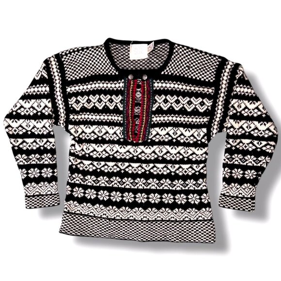 Susan Bristol Vintage Wool Sweater Fair Isle Nordic Black White Small - Picture 9 of 10